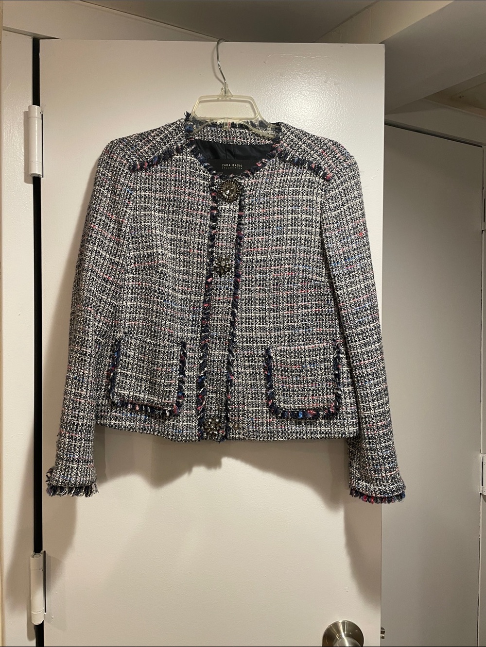 Zara Multicolor Tweed Fringe-Trim Blazer Jacket